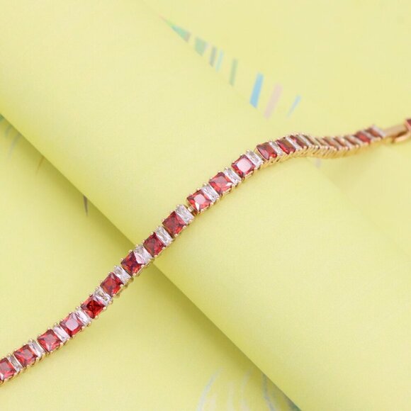 "Elegant Red & White Baguette Rose Gold Bracelet for Women, XPBL1024 - Picture 4 of 12